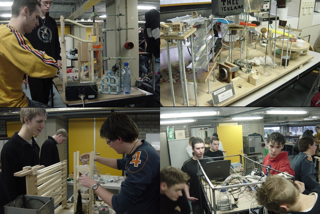 Fotocollage van studenten die hun Goldbergmachines bouwen en testen in het praktijklokaal.